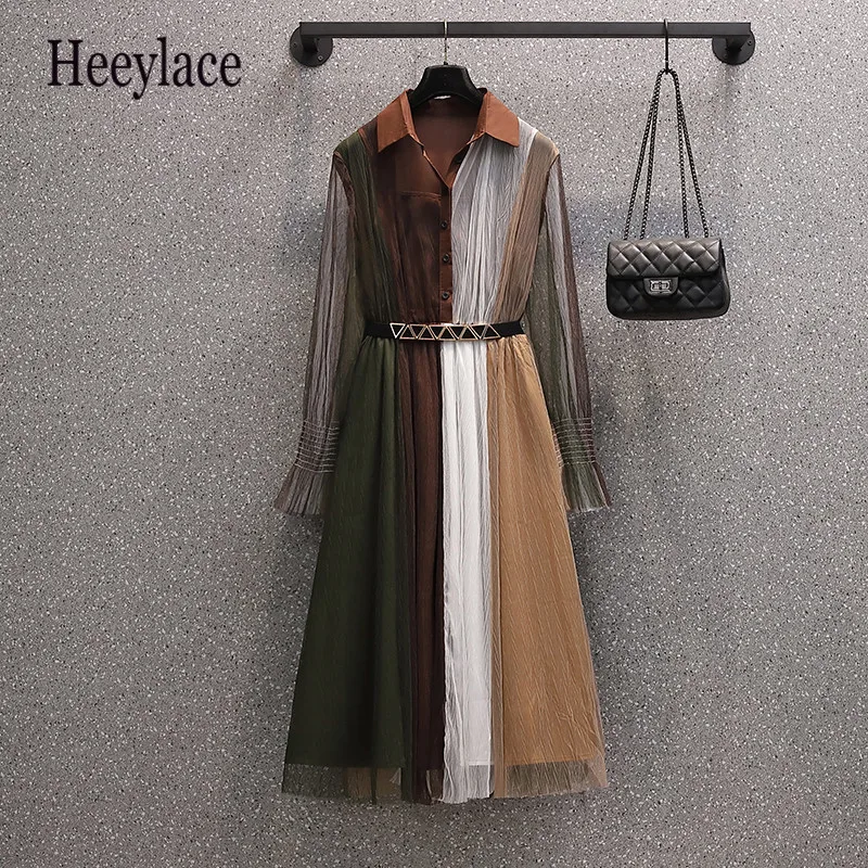 

Женское прозрачное Сетчатое платье с длинным рукавом, длинное платье в стиле пэчворк с высокой талией, весна-размера плюс