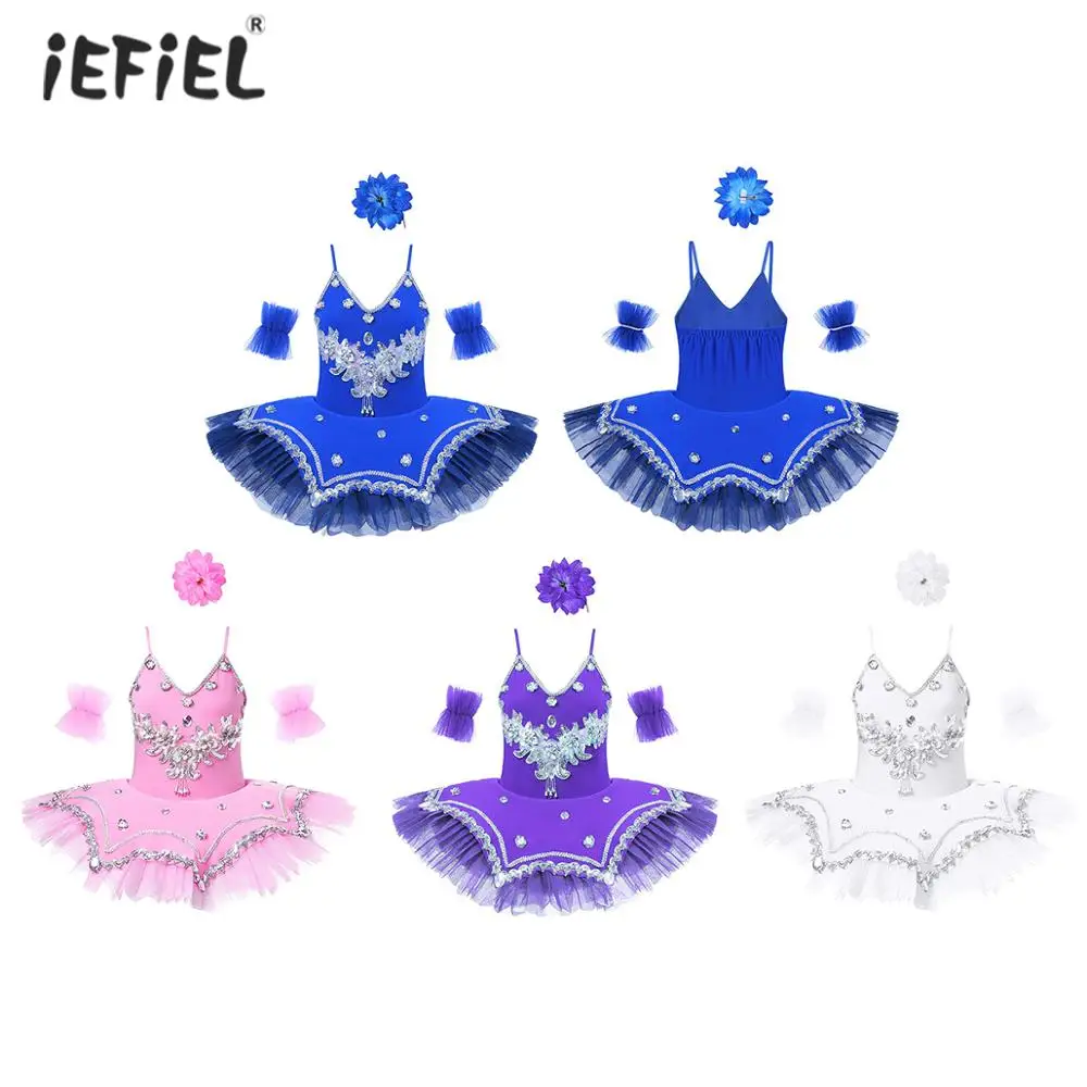 

Kids Girls Ballet Tutu Dress Rhinestone Sequins Beads Gymnastics Leotard Girl Dress Swan Dance Costume Set Performance Clothes