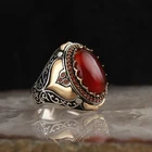 Винтажное турецкое ювелирное изделие ручной работы серебряного цвета двухцветное мужское кольцо натуральный красный камень циркон кольца для мужчин и женщин обручальное ювелирное изделие