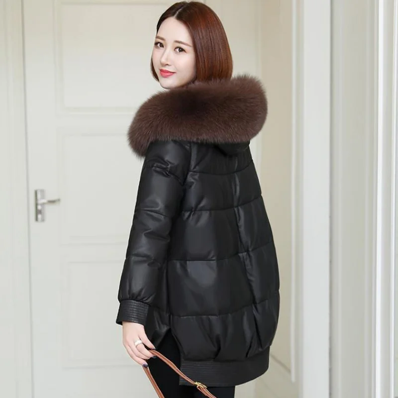 

Women Leather Jacket 2020 New Winter Jackets Parkas Warm Coat Female Jacket Fur Collar Hooded Parka Cotton Padded Outwear P973