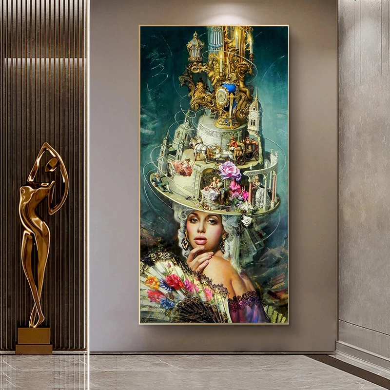 

Europe Nobility Palace Women Abstract Art Hat Canvas Painting Vintage Posters and Prints Figure Wall Picture for Living Room