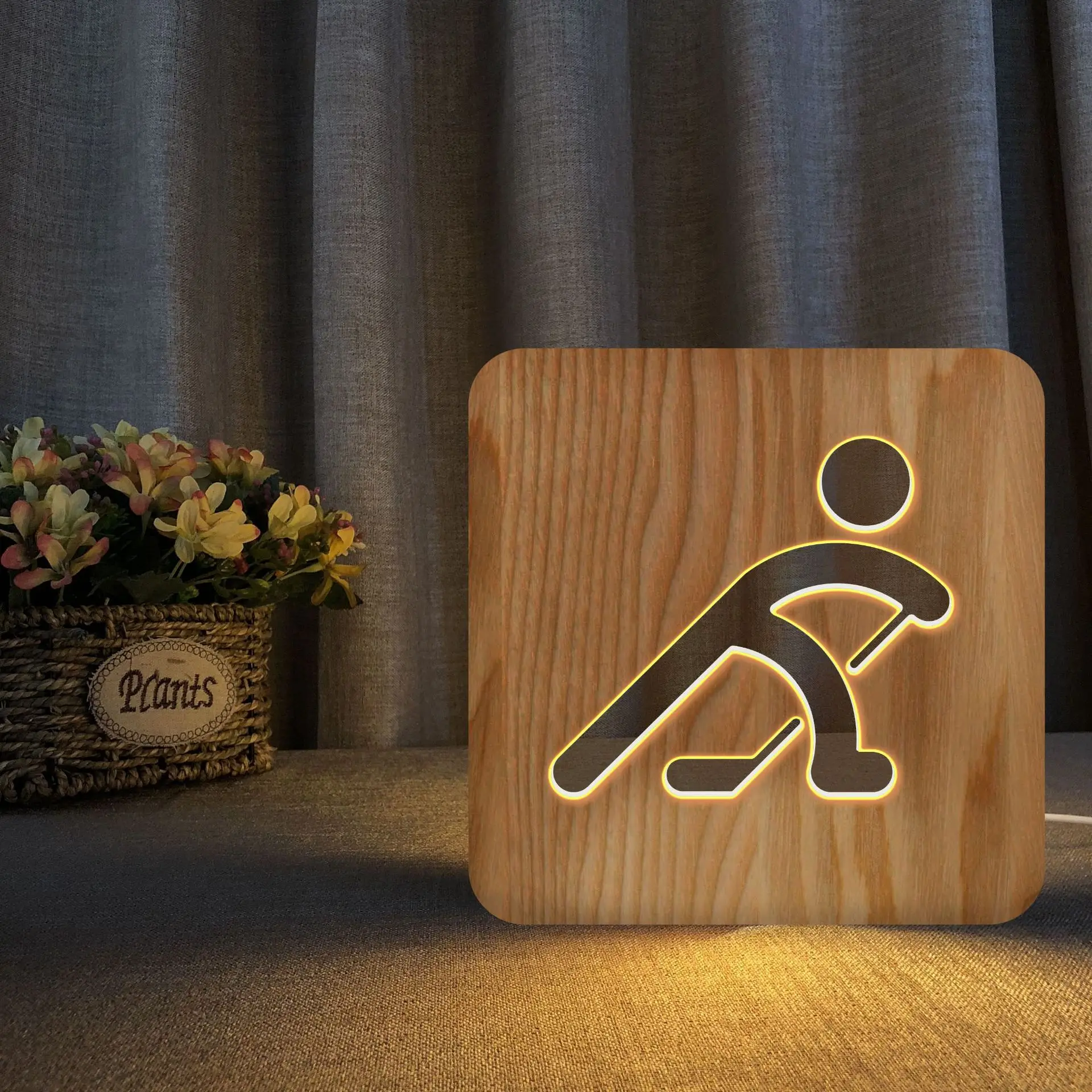 

Night Light Ice Hockey Wooden Table Lamp Creative Craft Birthday Gift