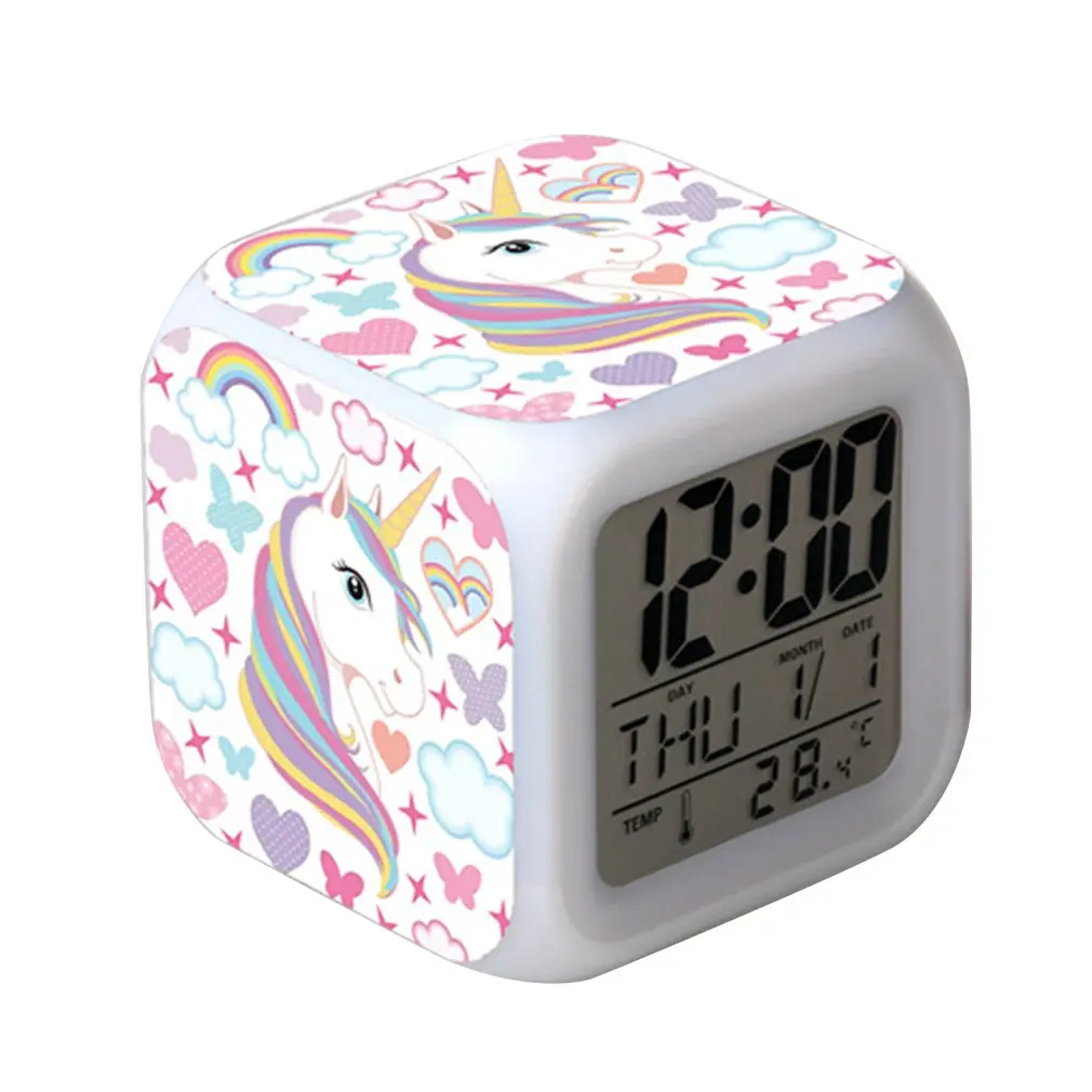 

4-sided Unicorn Pattern And 7 Kinds Of LED Luminous Wake-up Bedside Clock Unicorn Room Decoration Children's Alarm Clock