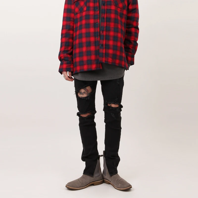 Мужские тонкие джинсы на молнии черные зауженные брюки с дырками коленях