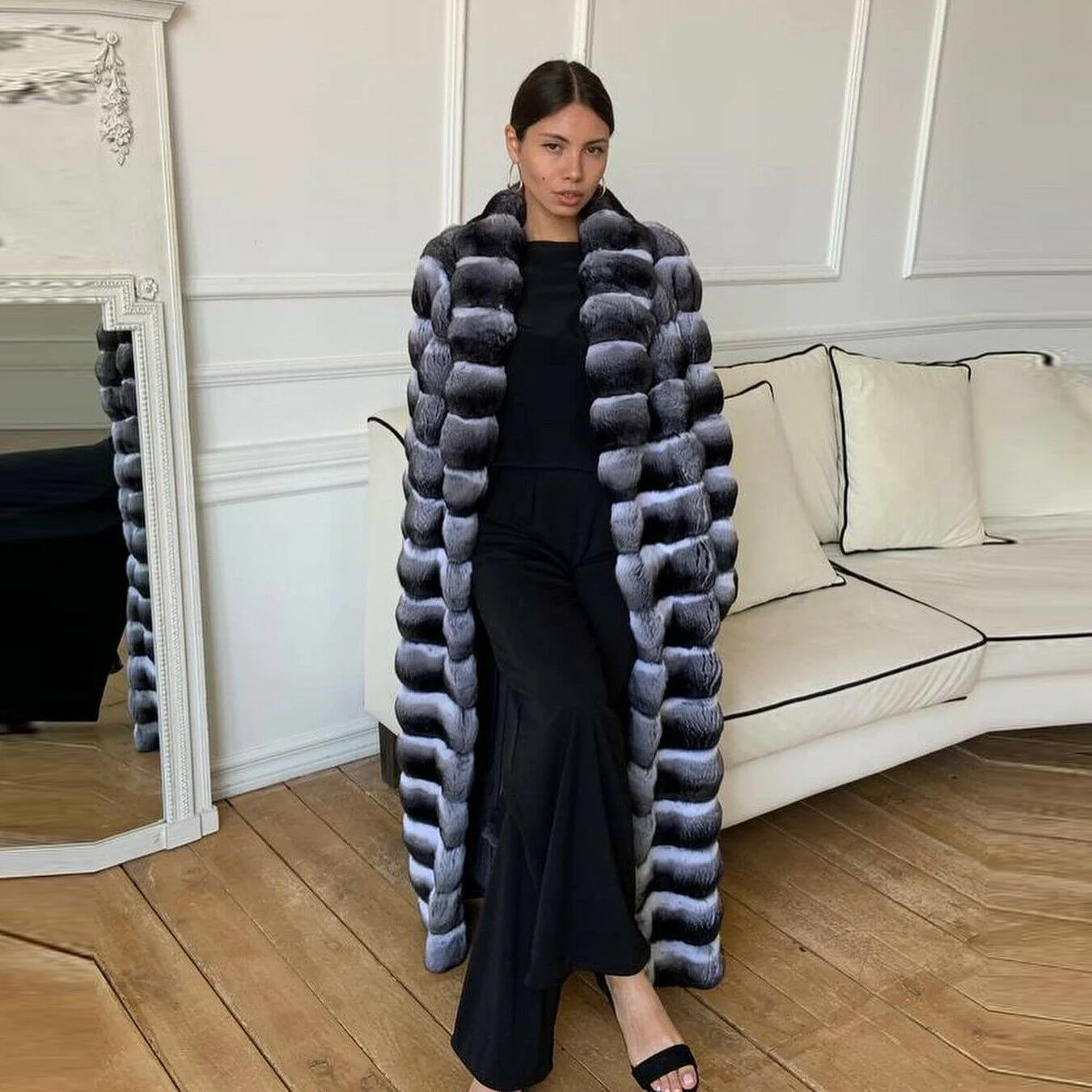 Long Real Rex Rabbit Fur Coat with Turn-down Collar 2022 New Trendy Genuine Rex Rabbit Fur Coat Chinchilla Color Fur Overcoats