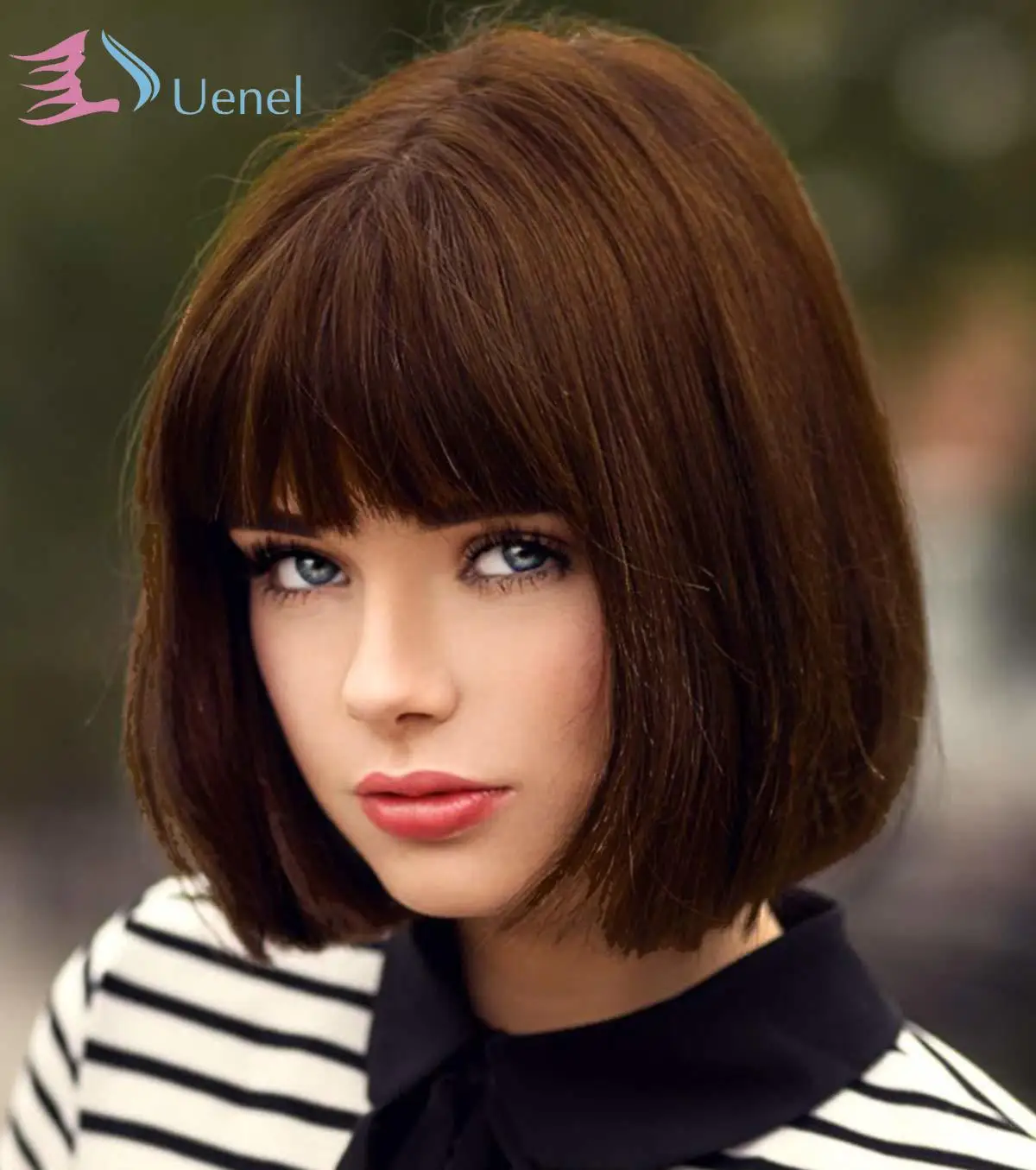 

Uenel Ladies’ Brown Bob Wig with Short Fringe for Daily and Party Wear
