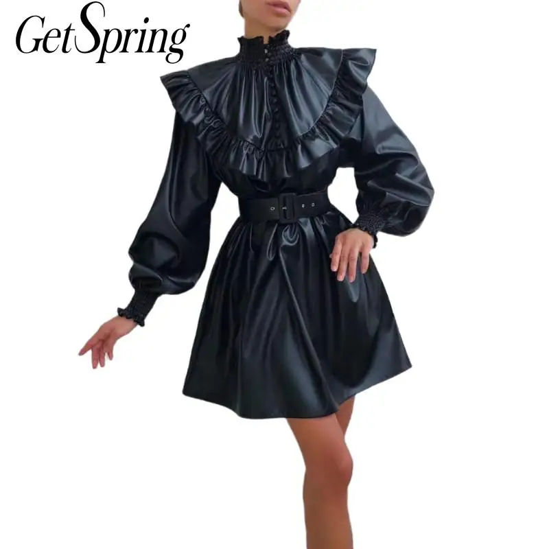 

Женское винтажное платье Getspring, черное платье из искусственной кожи с рукавами-фонариками и оборками на осень и зиму, новинка 2020