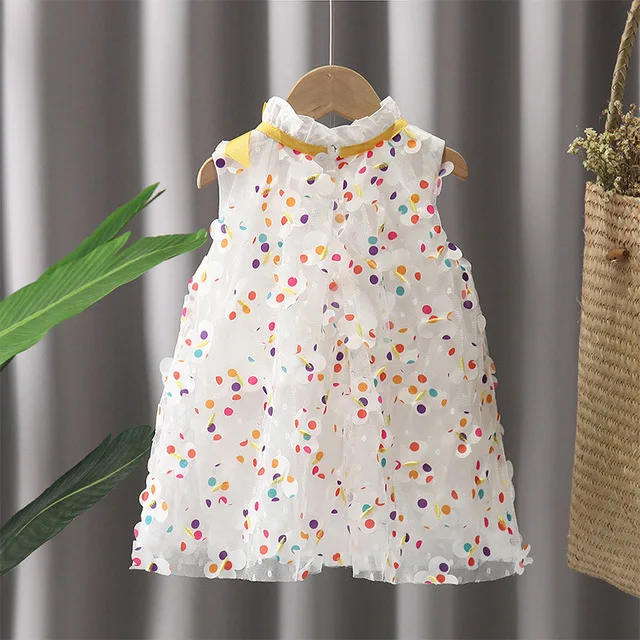 

Summer Baby Girls Sweet Bow Dress Children Princess Colored dots Veil Dress Kids Baby Girl Cloths