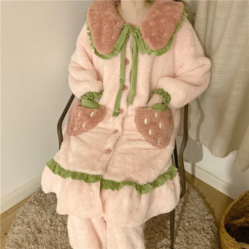 

Winter Kawaii Women Pink Pajamas Set Plush Warm Sleepwear Korean Cute Flannel Matching Pyjamas Teen Japanese Home Lounge Wear
