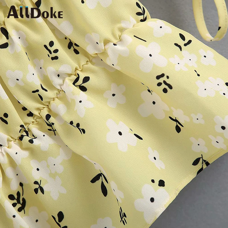 

ALLDOKE floral print vintage blouse women summer square collar short sleeve tops shirt lace up ruffles ladies blouses blusas