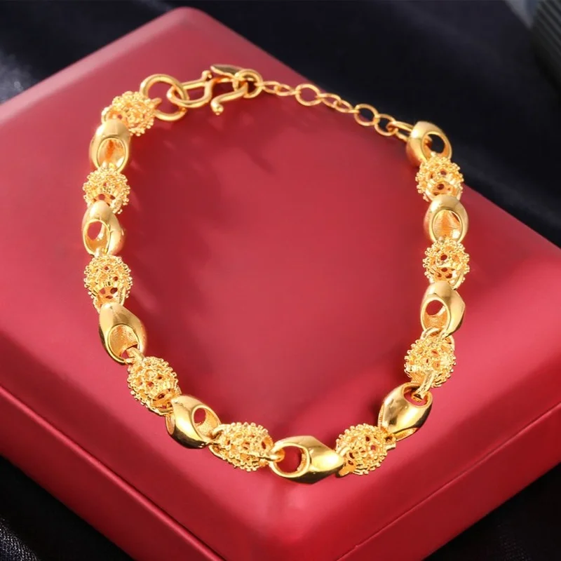 

24K Yellow Gold Color Women's Bracelet Gold-plated Copper Bracelet Sand Gold Jewelry Accessories Bridal Wedding Gifts Charms