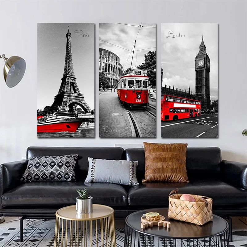 

Building Landscape Poster Black and White Canvas Painting Home Decor Wall Art For Living Room Indoor Decoration Red Car Pictures