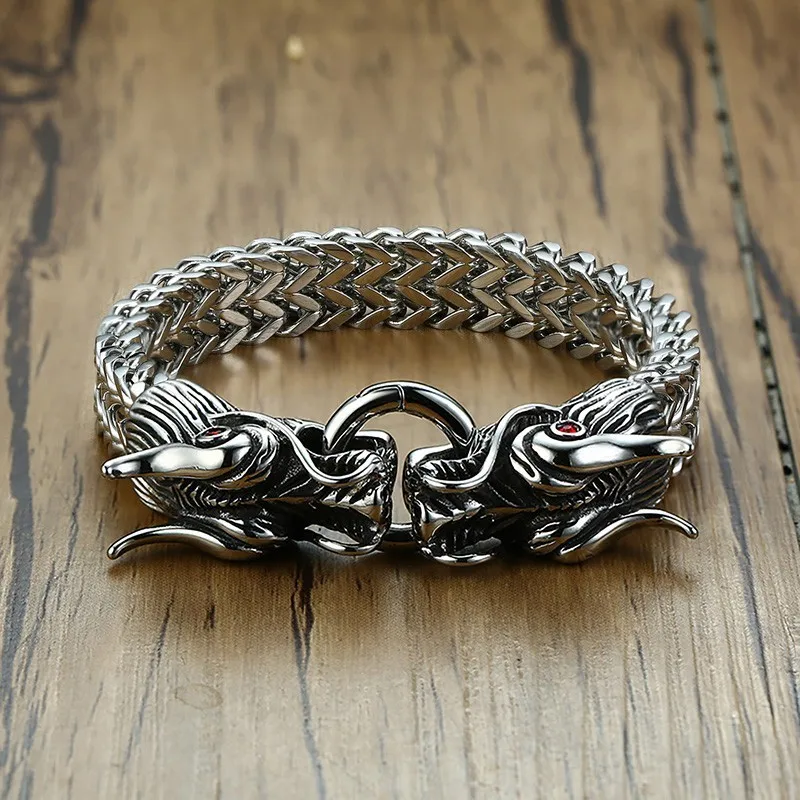 Мужской браслет с окисленными головами дракона Двойная Цепочка Из Нержавеющей