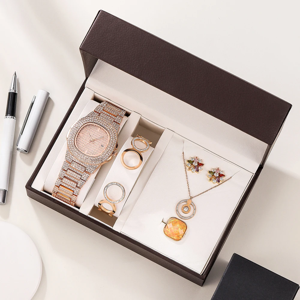 

5PCS Women luxury watches fashion rose gold rhinestone band with 316 stainless steel bracelet/necklace/earring/rings gift set