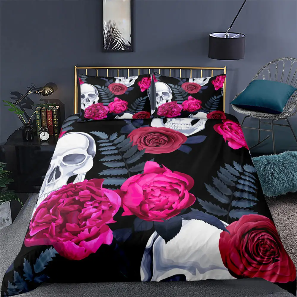 

Skull Bedding Set 3d Rose Flower Quilt Cover Queen Size Adults Bedrrom Bed Set 2/3pc Duvet Cover With Pillowcases