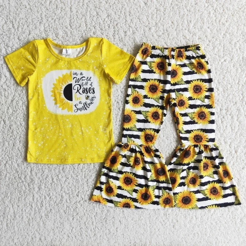 

Wholesale Baby Girl Kids Fashion Clothing Yellow Sunflower Tie Dye Shirt Flower Striped Bells Pants Children Boutique Outfit Set