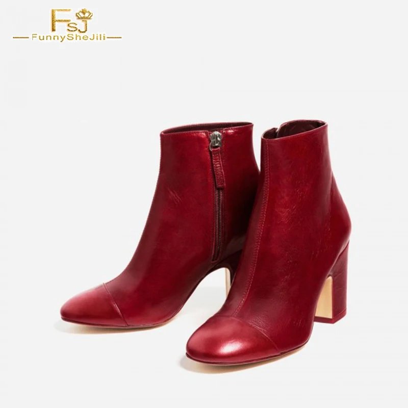 

FSJ Women Vintage Burgundy Side Zipper Chunky Heel Ankle Boots Classic Leather Work Party Date Female Сапоги 2021 Autumn Winter