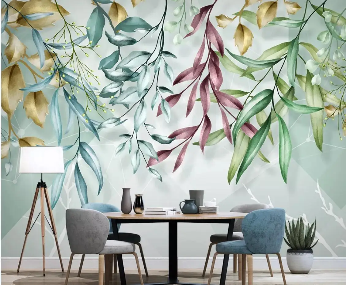 

Nordic Tropical Wallpaper Watercolor Leaf Mural Hand Painted Mural Creative 3D Wall Paper Geometric Murals Contact Paper Custom