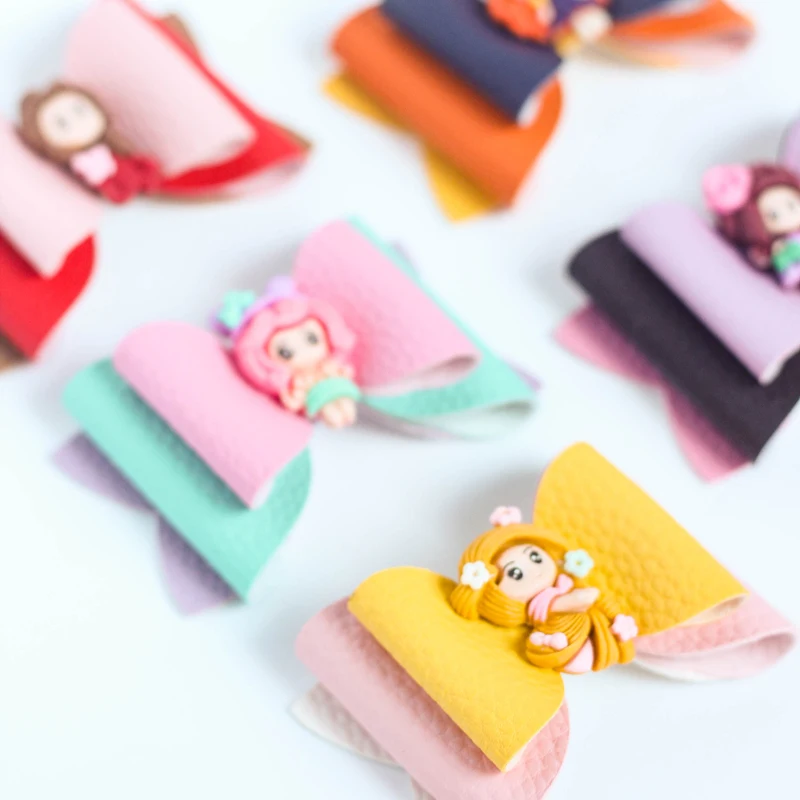 

2PCS Cute Princess Girl Colourful Leather Mix Bow Hairpins Daily Barrettes Hair Accessories Girls Kids Side Hair Clips Headwear