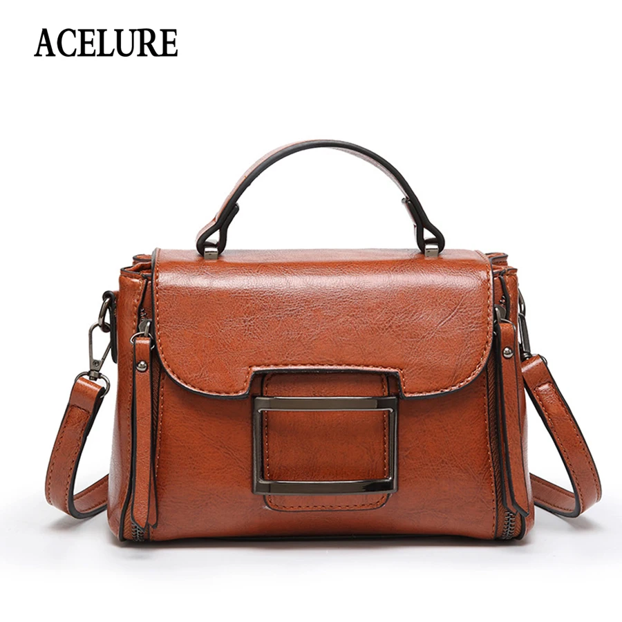 

ACELURE Oil wax Woman tote bag Vintage Small square package Women's handbag Cover Lock Shoulder Bag Female Crossbody Bag bolsa