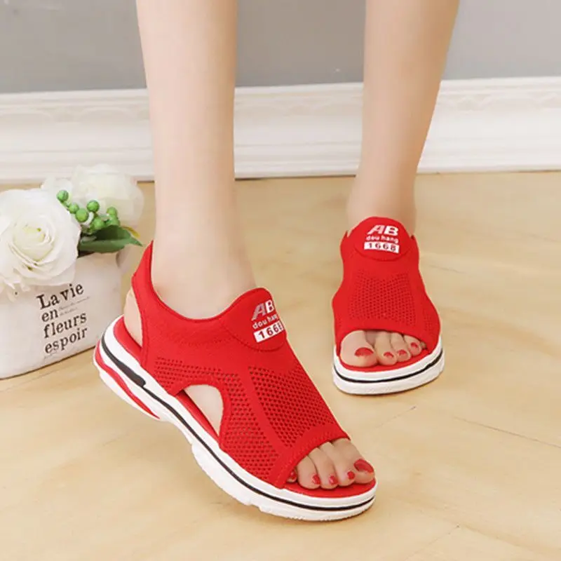 

2021 Summer New Harajuku Style Peep Toe Flat Platform Comfortable Sports Casual Women's Korean-Style Flyknit Mesh Cloth Sandals