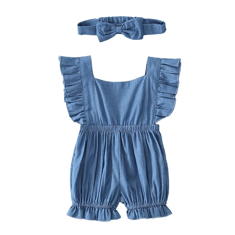 

Комбинезон для девочек, хлопковый, с коротким рукавом, однотонный, голубой, летний, 2021