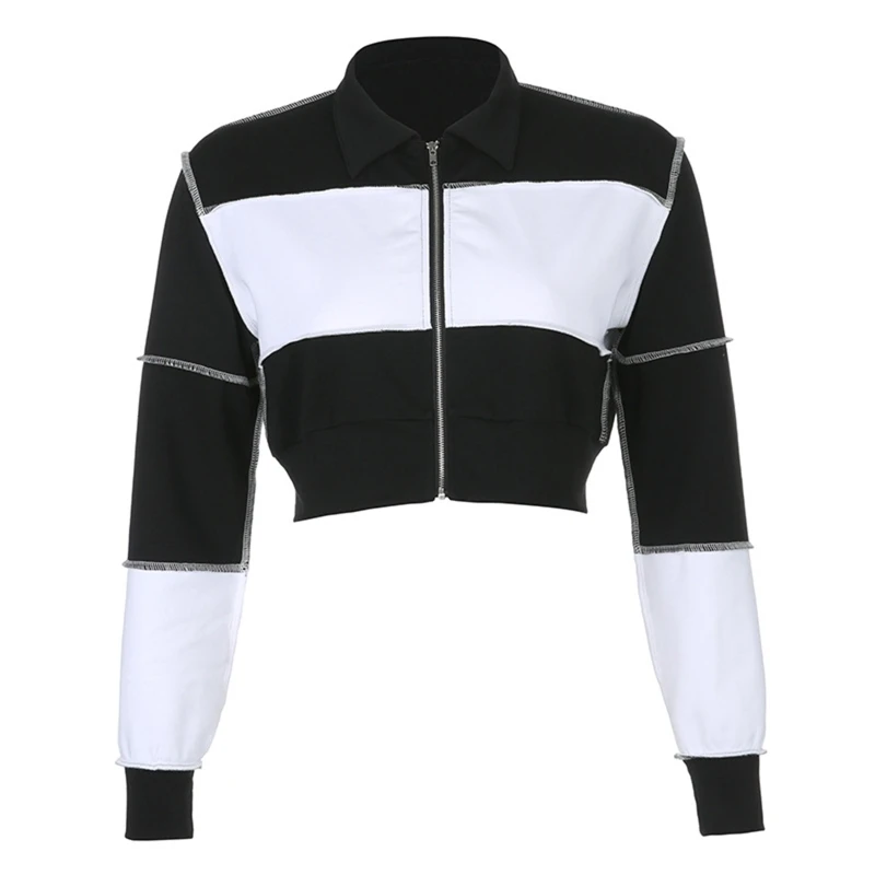 

Women Autumn Long Sleeve Lapel Jacket Black White Color Block Patchwork Coat Harajuku Zipper Up Casual Loose Crop Top Streetwear