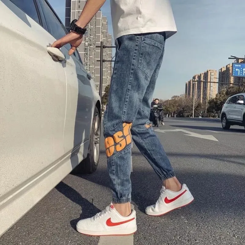

Denim Jeans men's trendy brand skinny handsome slim summer street student pants men's Korean casual teenager pencil pants