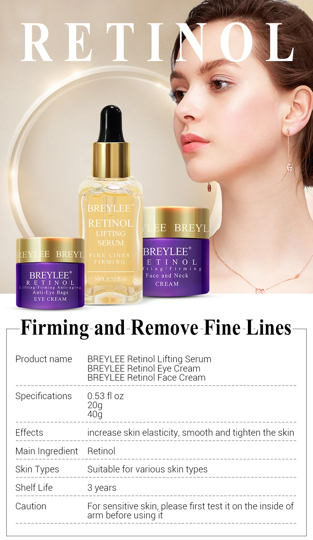 Breylee Retinol набор Антивозрастная укрепляющая сыворотка для лица крем для глаз крем для лица для удаления тонкой линии морщин подтягивающий увлажняющий уход за кожей