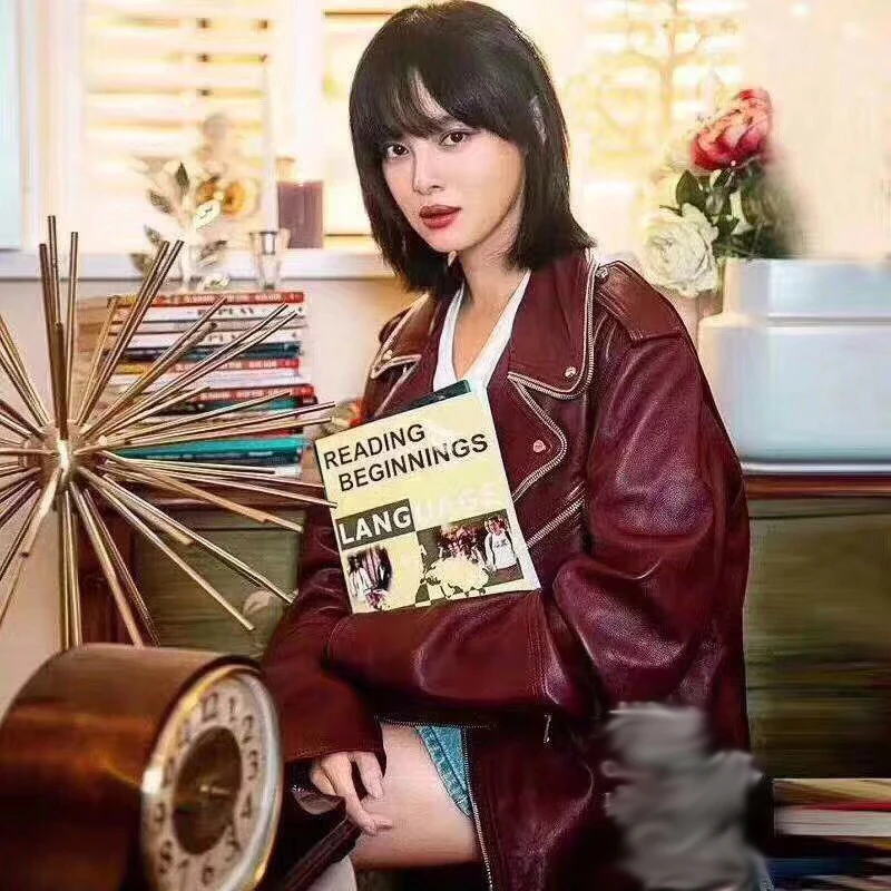 JAZZEVAR 2023 New High Fashion Street Women Real Sheep Skin Leather Jacket Wine red Genuine Leather zipper Motorcycle Jackets