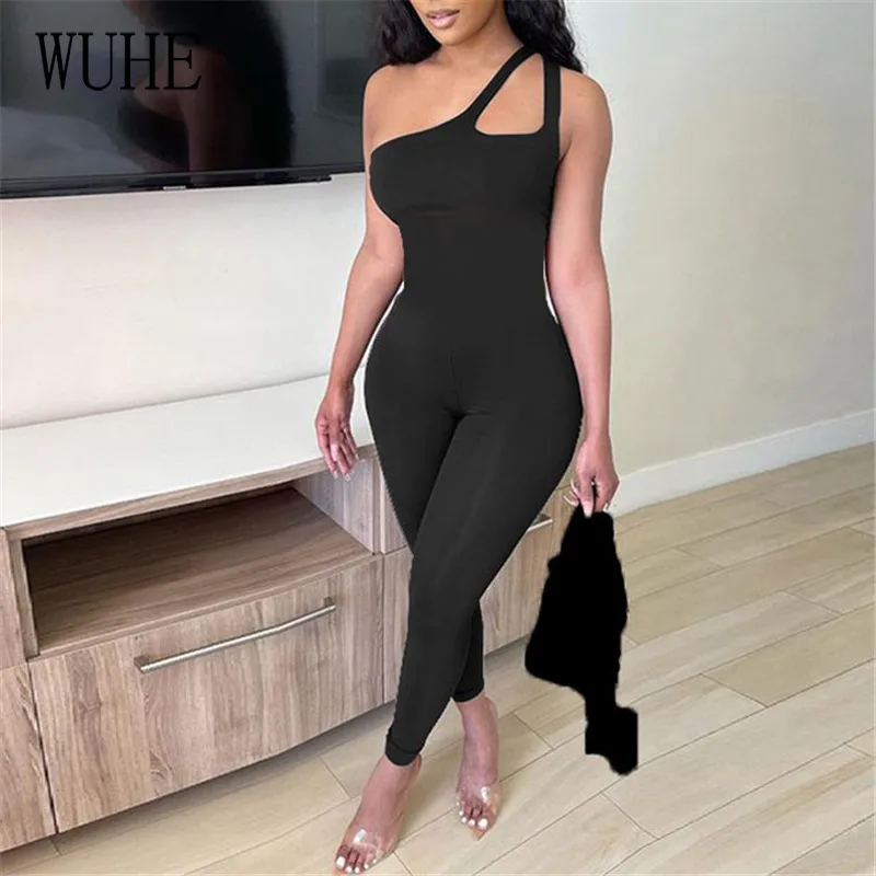 

WUHE Casual Slim Jumpsuits One Shoulder Sleeveless Hollow Out Sexy Package Hip Tight Backless Party Sports Nightclub Overalls
