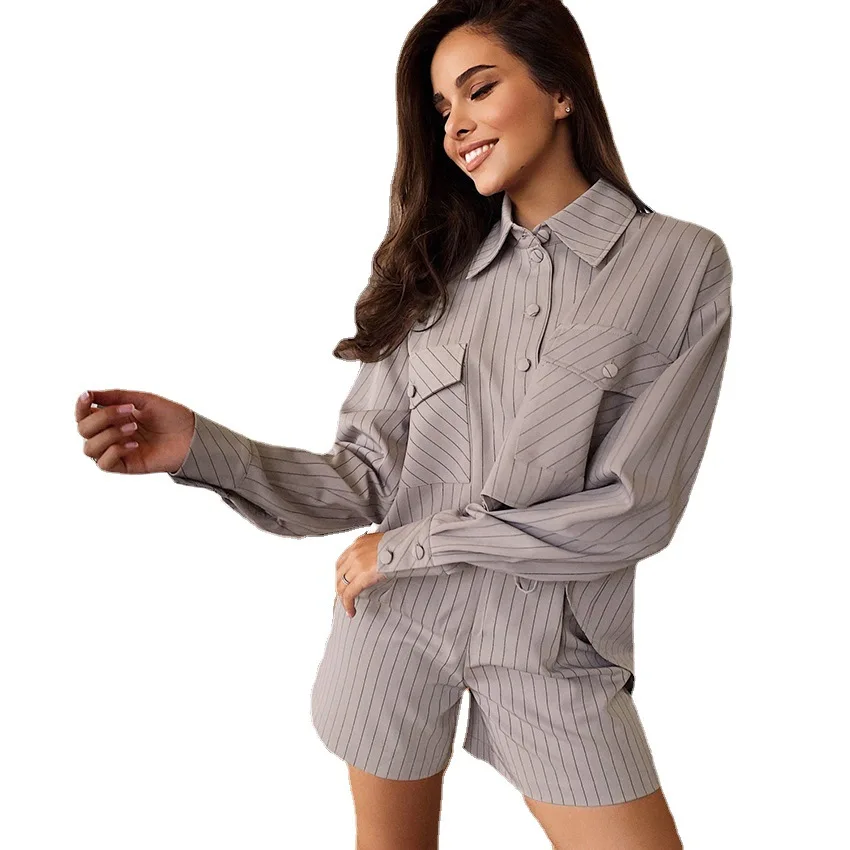 

2021 Spring Fashion Office Women Suit Shirt And High Waist Lace Up Shorts Pockets Casual Stripe Two Piece Set Women Button Up