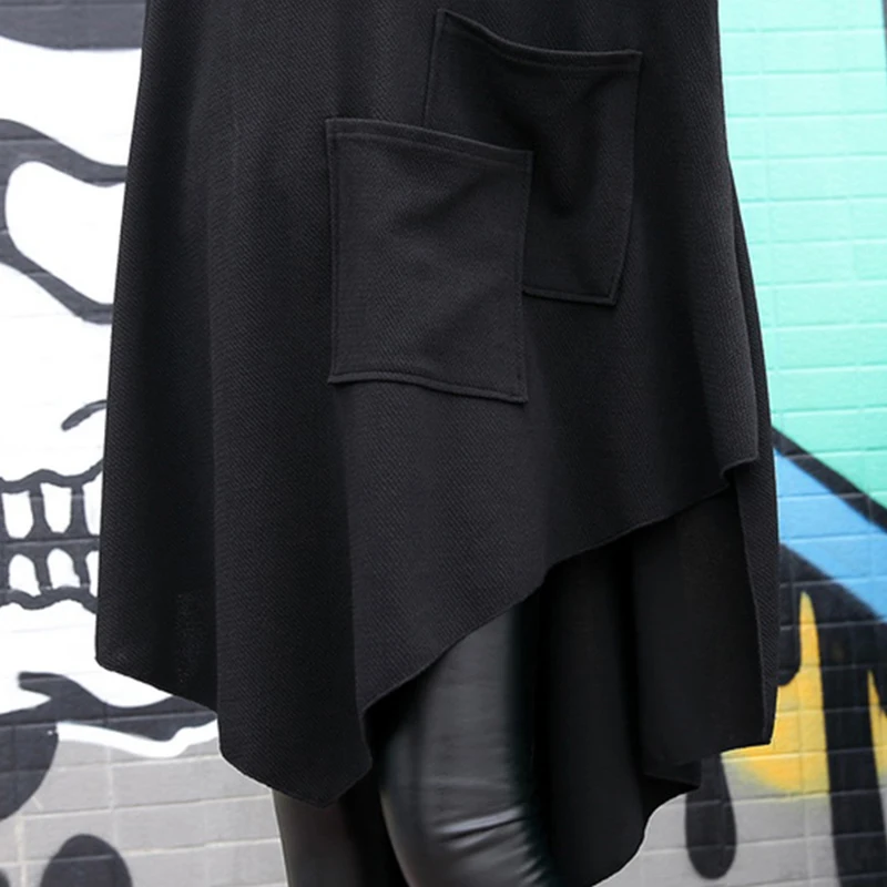 [EAM] 2021 Новое черное свободное асимметричное платье с круглым вырезом и длинным