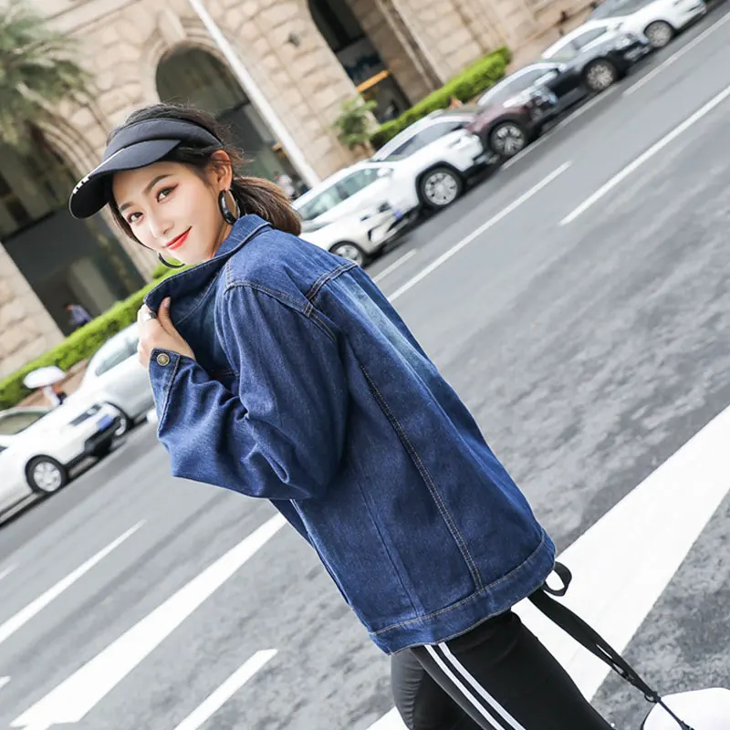 Женская джинсовая куртка на пуговицах Повседневная синяя большого размера с