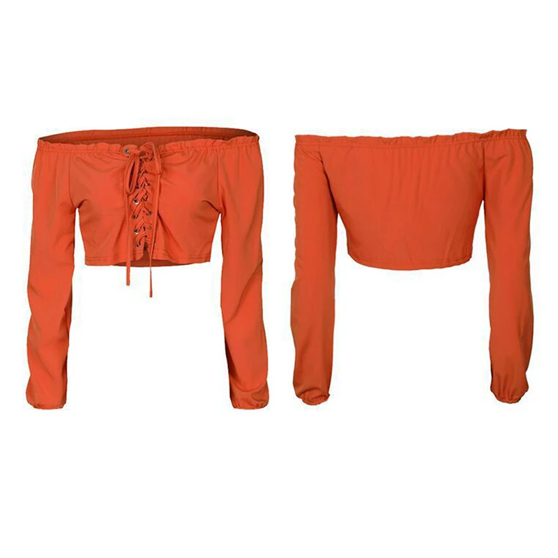 

2020 Summer Off Shoulder Sexy Women Blouse Shirt Lace Up Long Sleeve White Solid Shirts Short Bandage Cropped Tops Orange Blusas