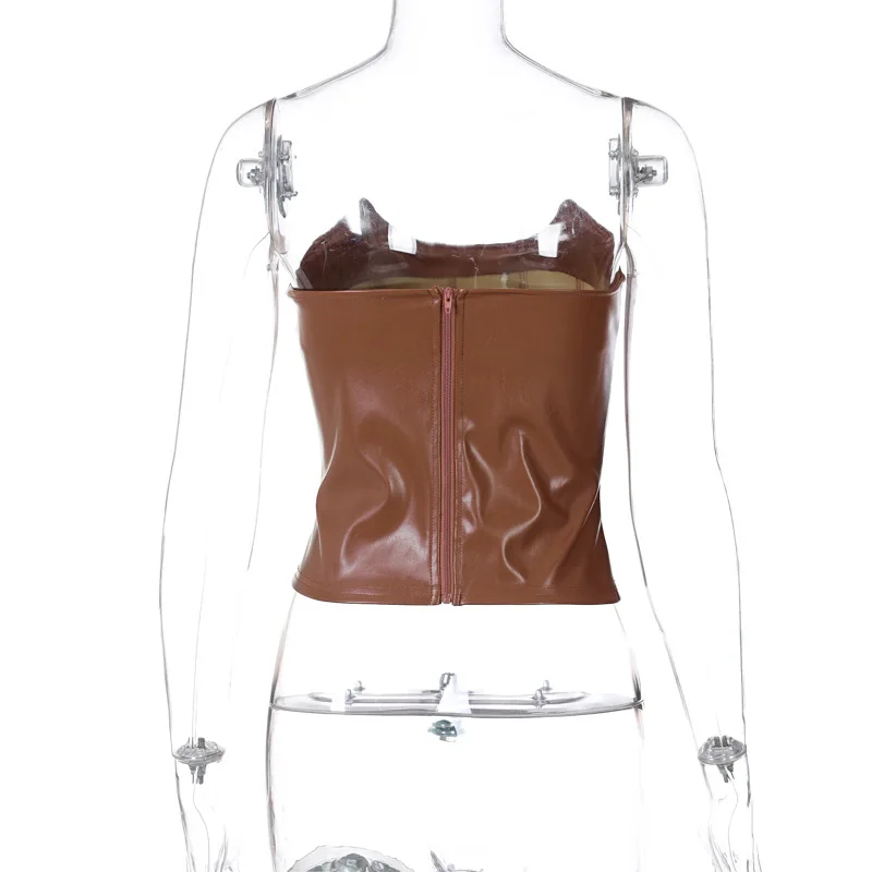 

Faux Leather Sexy Women PU Leather Fish Bone Strapless Corset Crop Top Off Shoulder Punk Style Fashion Sleeveless Backless Tops