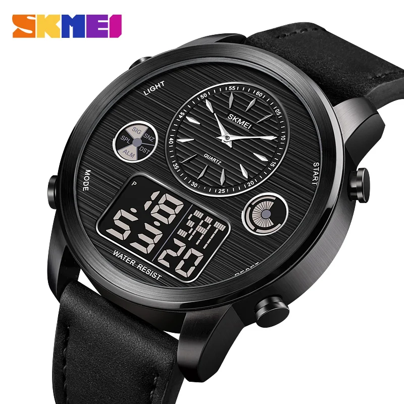 

SKMEI World Time Digital Men Watches Dual Movement Fashion Mens Wristwatch LED Chrono Leather Strap Male Clock reloj hombre 1653