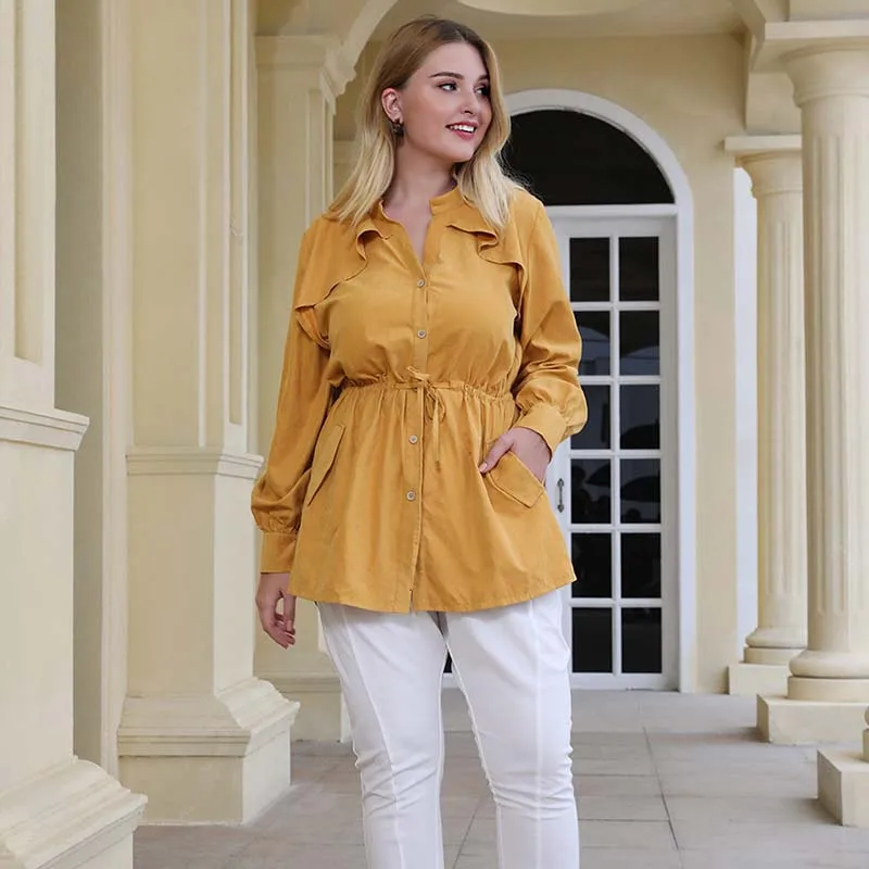 WHZHM блузка с длинными рукавами поясом пуговицами и круглым вырезом элегантная