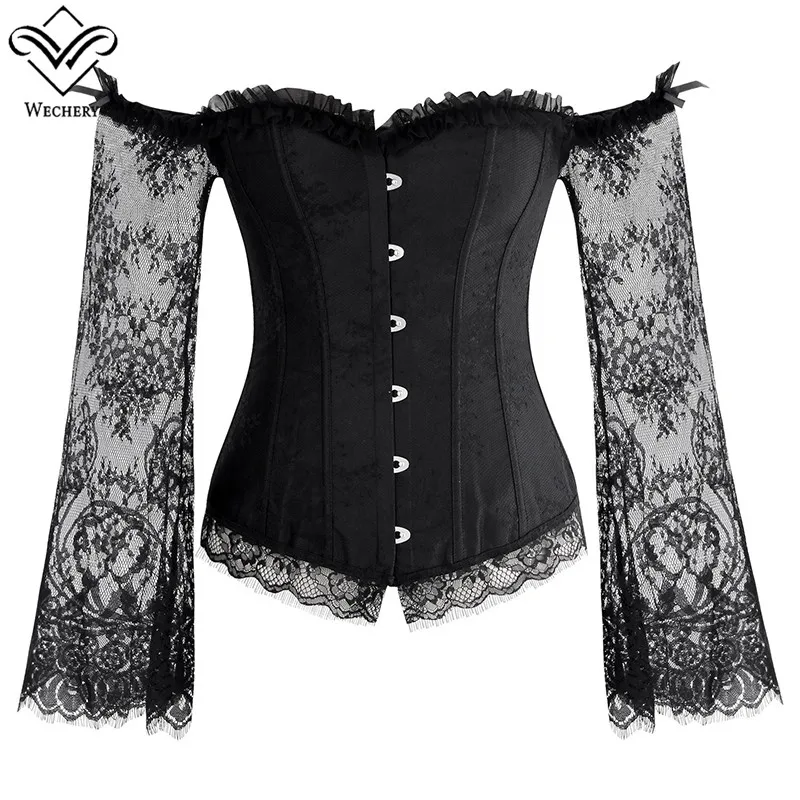 

Wechery Steampunk Vintage Corset Gothic Corsets and Bustiers Lace up Long sleeves Off Shoulder Sexy korset Corsage Corcepet Tops