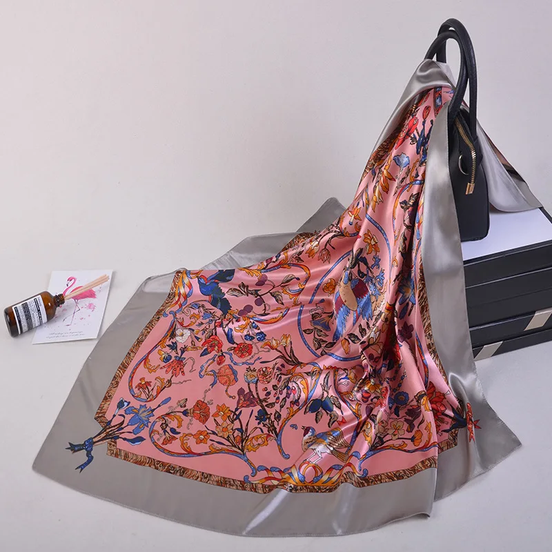 

2021 Fashion Print Floral Kerchief New Silk Satin Hair Scarf Women Square Shawls And Wraps 90X90CM Winter Neck Scarves For Lady