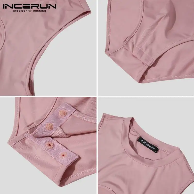 Men Bodysuits Pajamas Solid Color Hollow Out Underwear O-neck Sleeveless Sexy Cozy Skinny Sleepwear Men Bodysuit S-5XL INCERUN