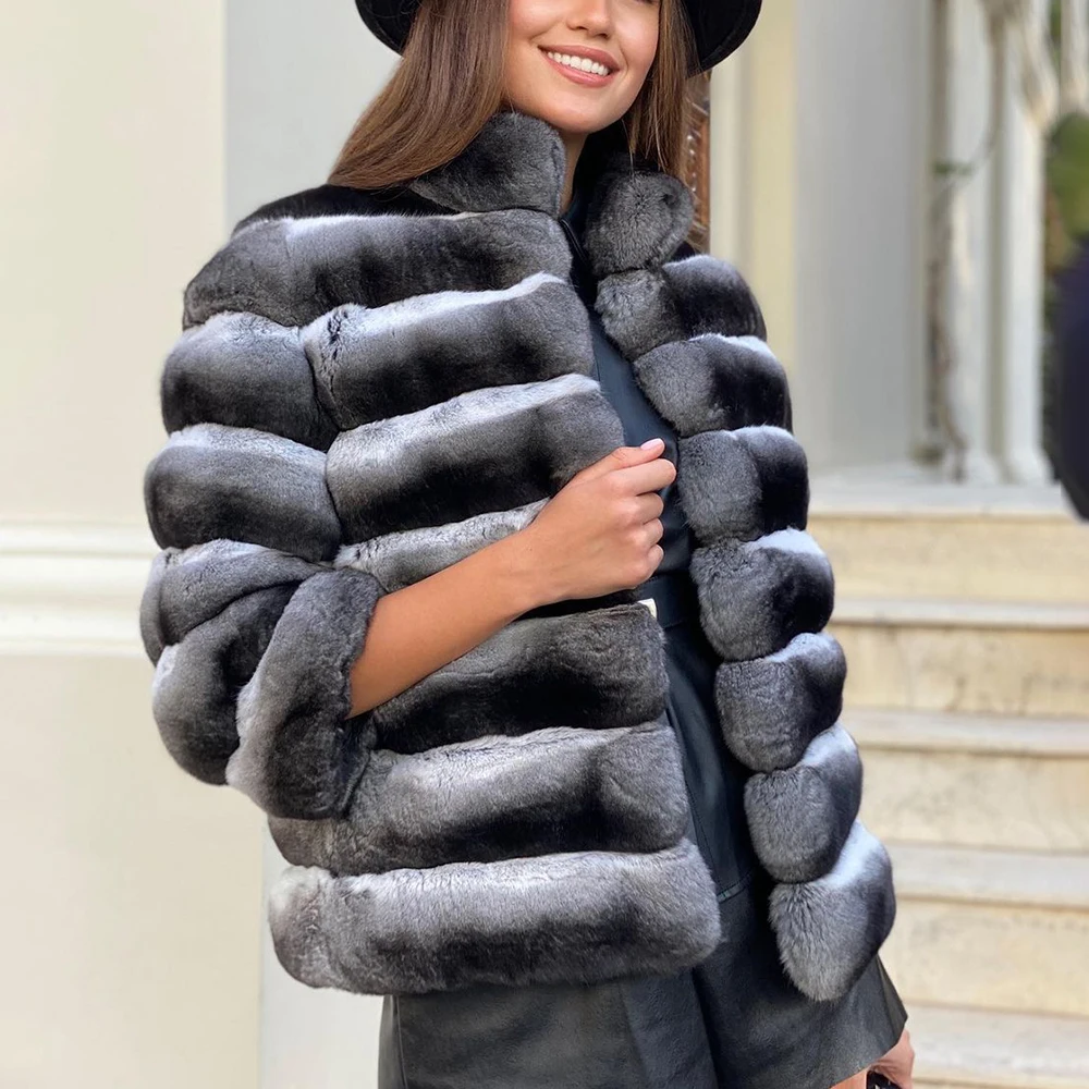 Winter Women Real Fur Coats 2022 New Natural Chinchilla Color Full Pelt Genuine Rex Rabbit Fur Jacket Stand Collar Fur Overcoats