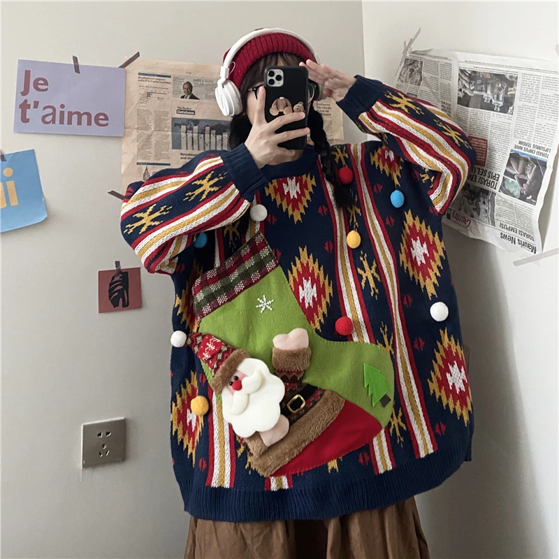 

Джемпер женский, вязаный, с вышивкой деда мороза, на осень/зиму, 2020