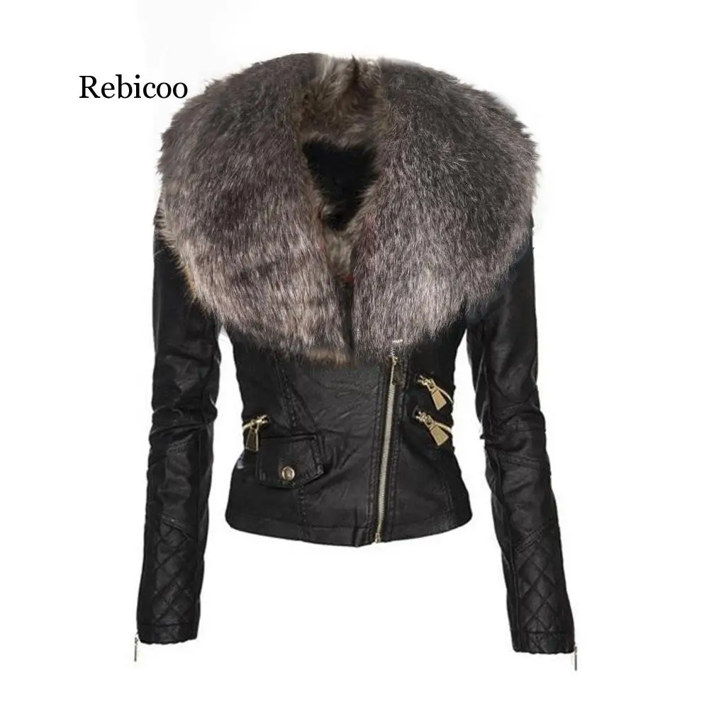 

Autumn 2019 Gothic Motorcycle Jackets Women Faux Fur Leather Jacket Women Hood Winter Warm Black Outerwear PU Outwears