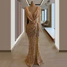 Золотые блестящие женские вечерние платья с бисером, 2020, Средний Восток, шикарное официальное платье для выпускного вечера, вечерние платья с глубоким V-образным вырезом на заказ