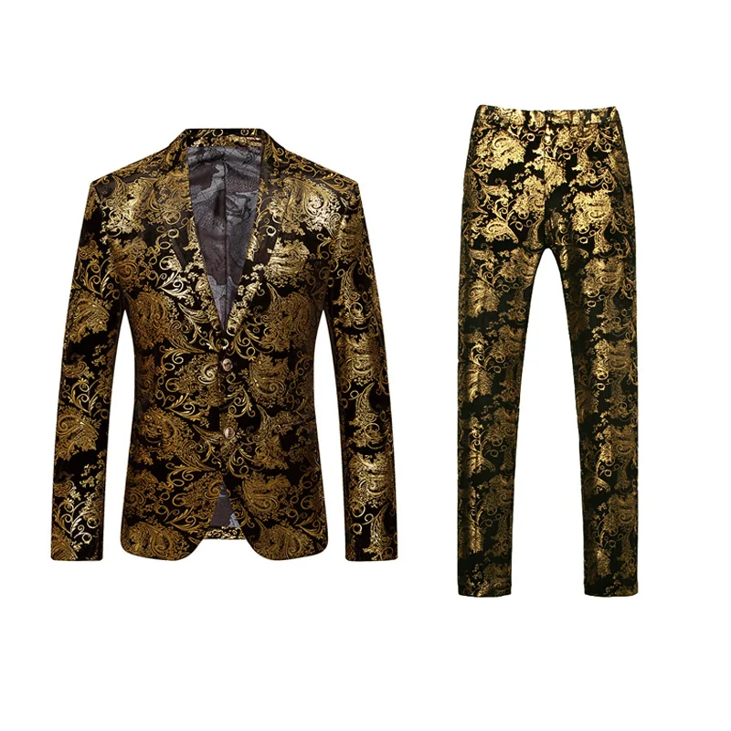 

(Jackets + Pants) Men Business Casual Slim Suit Sets Fashion printed Tuxedo Wedding formal dress Blazer stage performances Drees