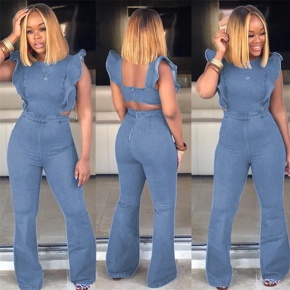 Женский облегающий джинсовый комбинезон Wjustforu с оборками летний модный без