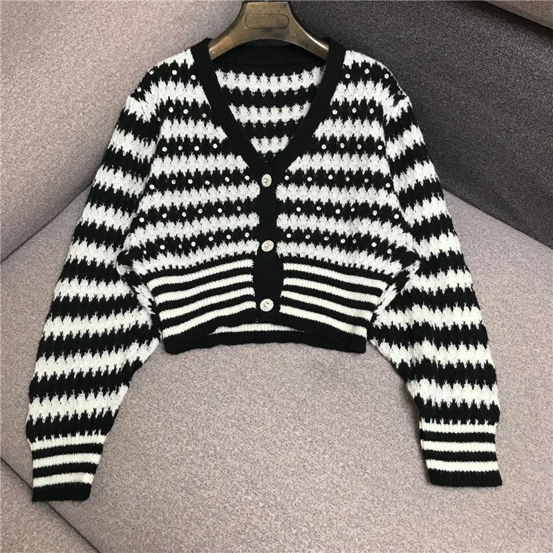 

Vintage Striped Cardigan Sweater Women Autumn Winter V Neck Diamonds Batwing Long Sleeve Sweater Female Short Knitted Tunic Tops