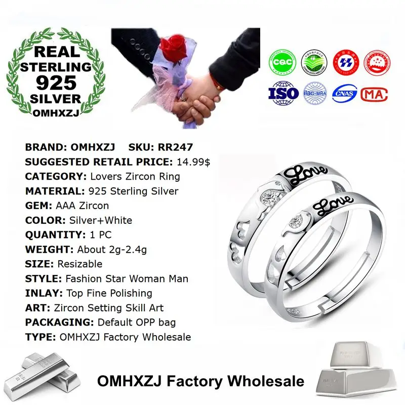 OMHXZJ Wholesale European Fashion Woman Man Party Wedding Gift Dolphin Lovers AAAZircon Resizable 925 Sterling Silver Ring RR247 | Украшения