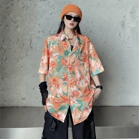 harajuku women fashion blouse summer flower print turndown collar loose short sleeve bf shirt female chemisier femme oversize